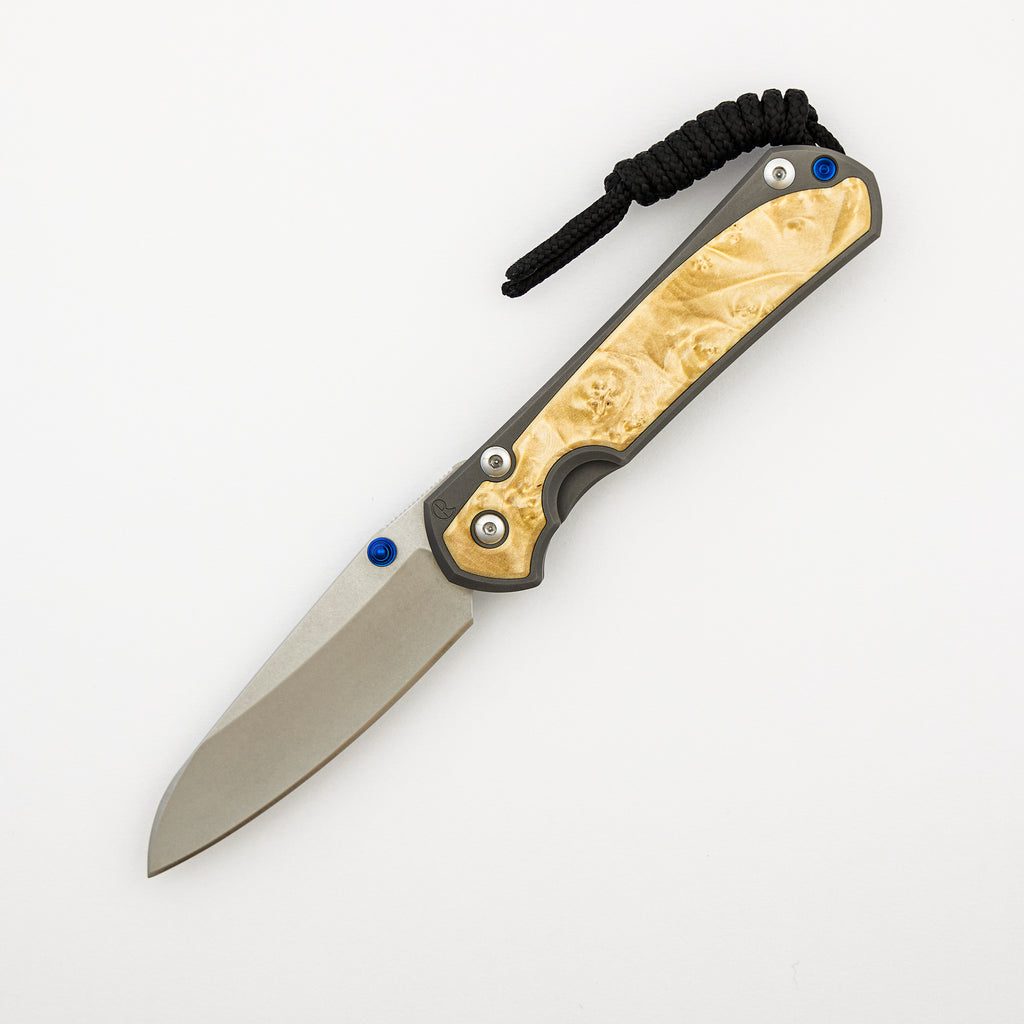 Small Sebenza 31 - Box Elder Inlay - Insingo CPM MagnaCut Blade - Blue Double Thumb Lugs