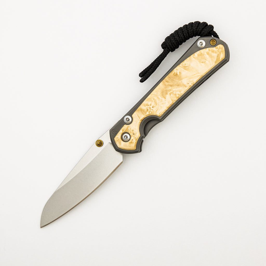 Small Sebenza 31 - Box Elder Inlay - Insingo CPM MagnaCut Blade - Gold Double Thumb Lugs