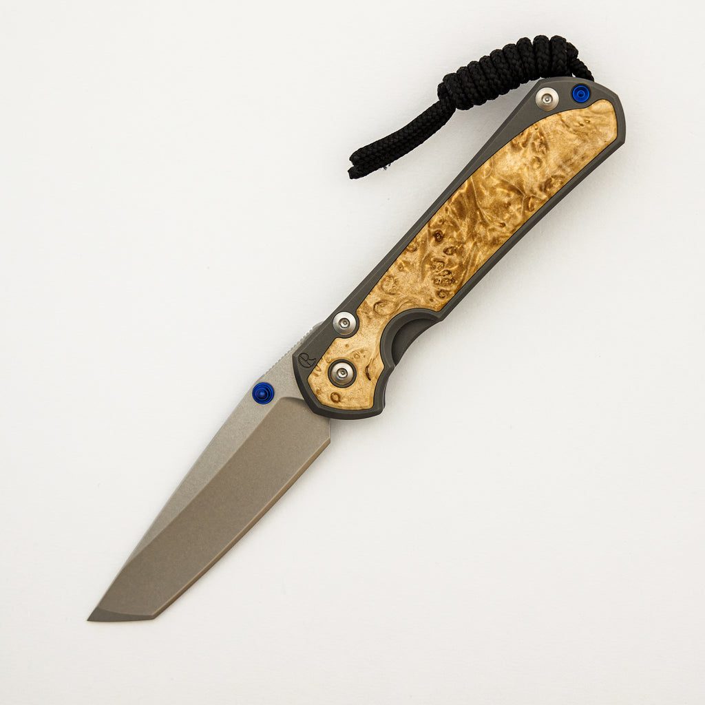 Small Sebenza 31 - Box Elder Inlay - Tanto CPM MagnaCut Blade - Blue Double Thumb Lugs