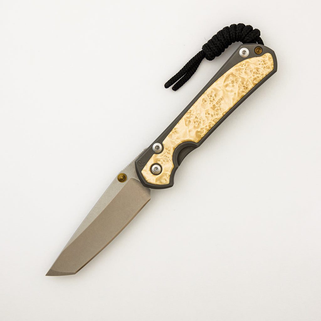 Small Sebenza 31 - Box Elder Inlay - Tanto CPM MagnaCut Blade - Gold Double Thumb Lugs