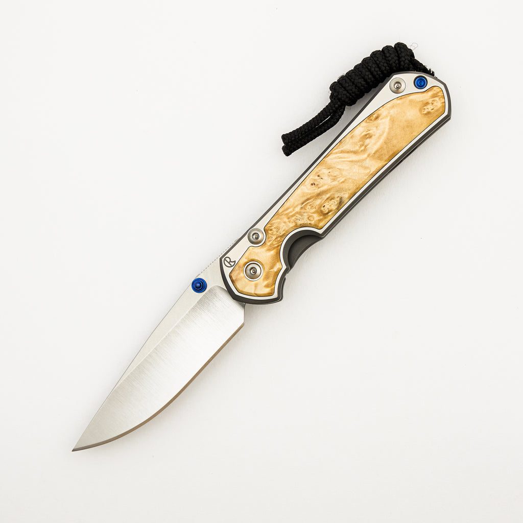 Small Sebenza 31 - Box Elder Inlay W/ Polished Handle - Drop Point Polished CPM MagnaCut Blade - Blue Double Thumb Lugs