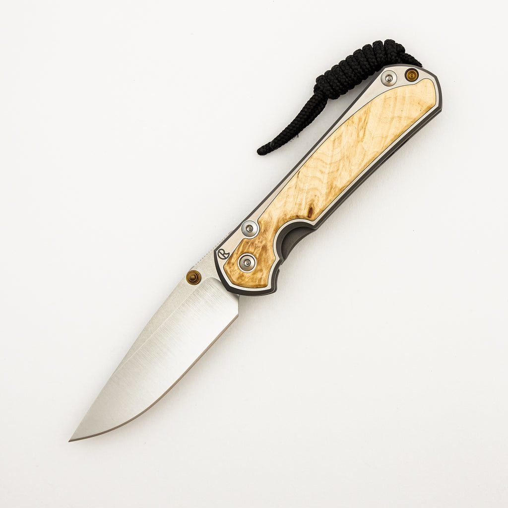 Small Sebenza 31 - Box Elder Inlay W/ Polished Handle - Drop Point Polished CPM MagnaCut Blade - Gold Double Thumb Lugs