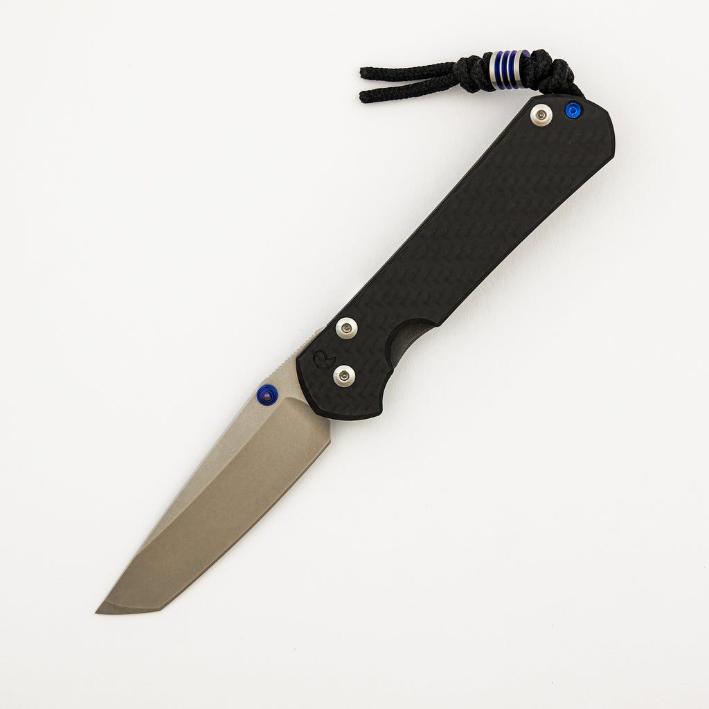 Small Sebenza 31 - Carbon Fiber Front - Tanto CPM MagnaCut Blade - Blue Single Thumb Lug