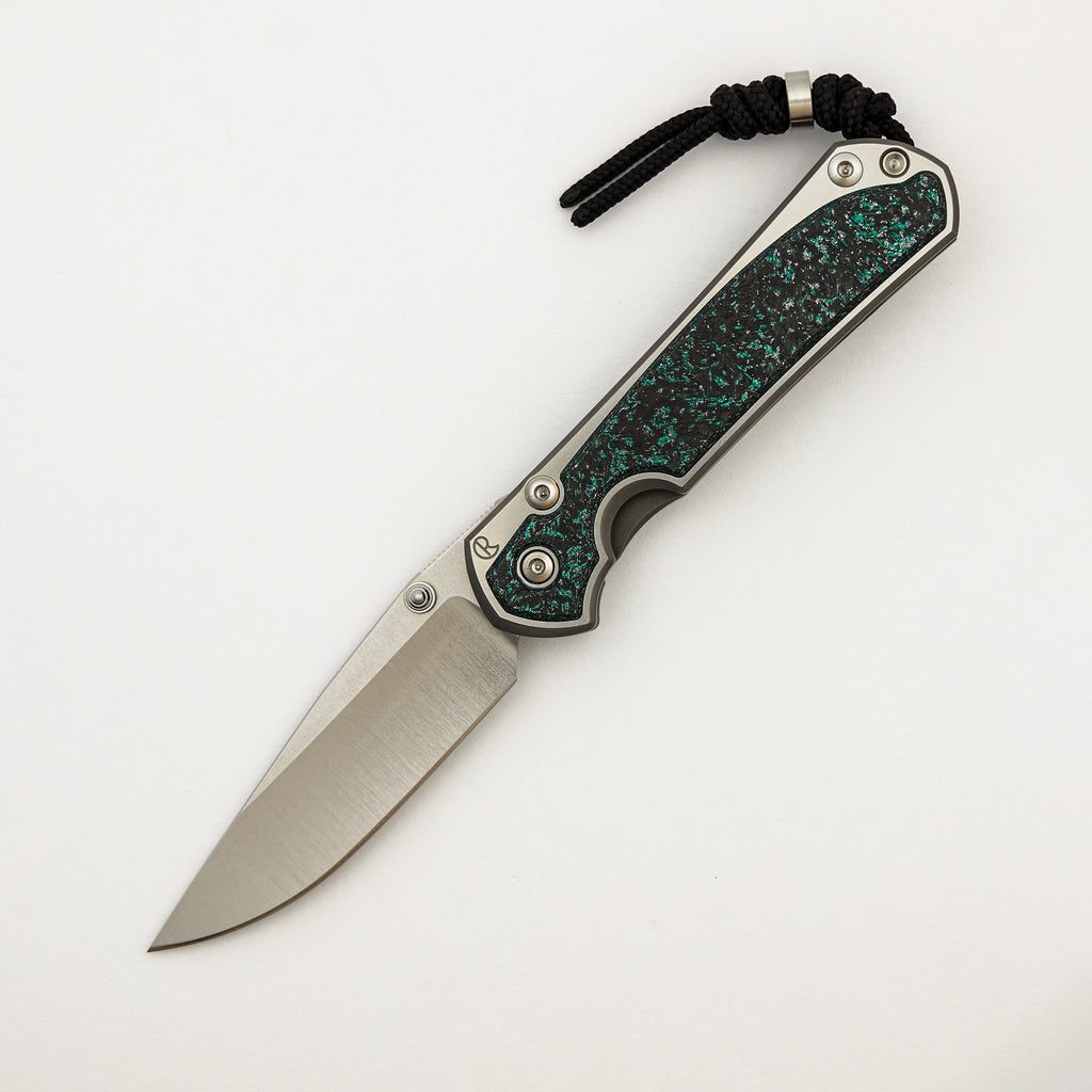 Small Sebenza 31 - Teal Magnetic CarboTi Inlay - Polished Drop Point CPM MagnaCut Blade - Silver Double Lugs - R1 Invitational 2025