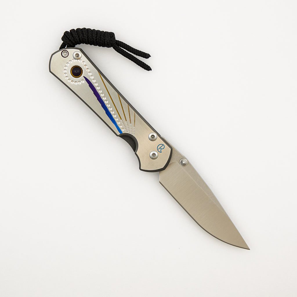 Small Sebenza 31 - Unique Graphic Left Handed - Drop Point CPM MagnaCut Blade - Amethyst - Silver Single Thumb Lug