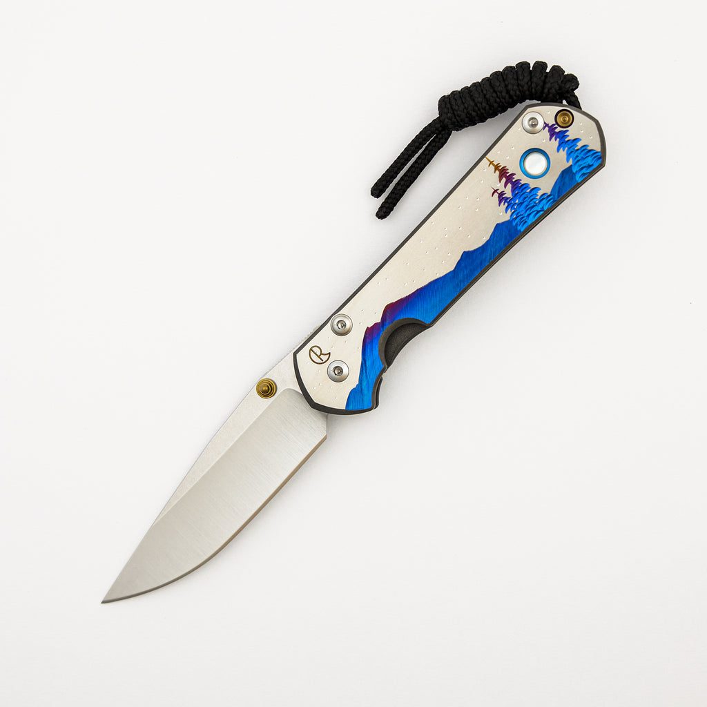 Small Sebenza 31 Unique Graphic - "Night Sky" - Drop Point Polished CPM MagnaCut Blade - Mother of Pearl - Gold Double Thumb Lugs