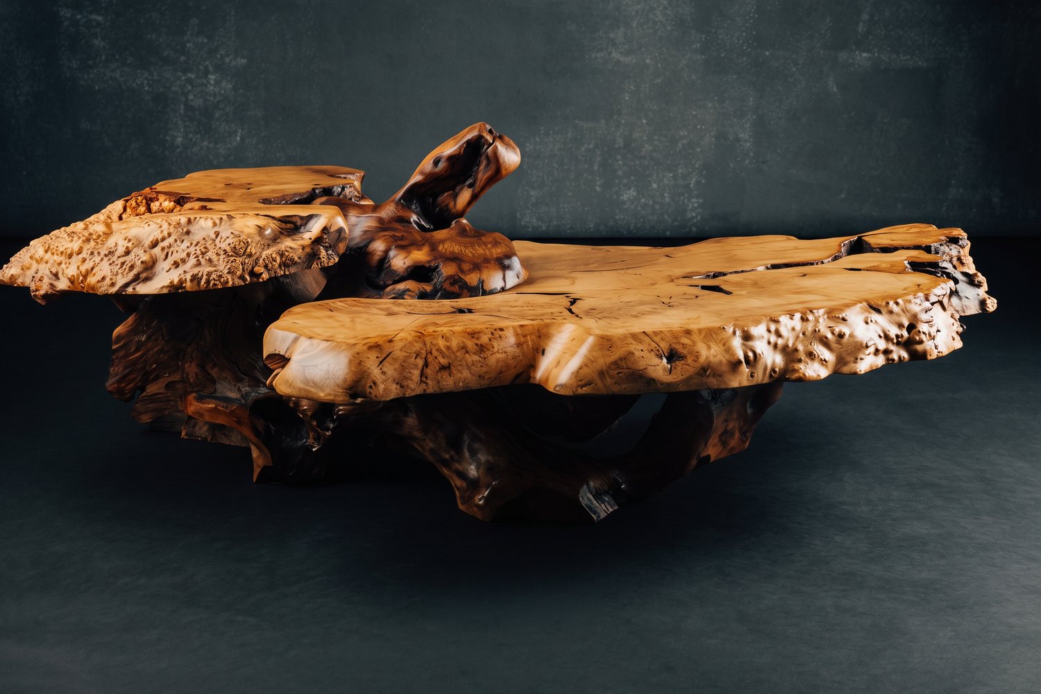 The burl slab coffee table lit as a studio still life, three-quarter view