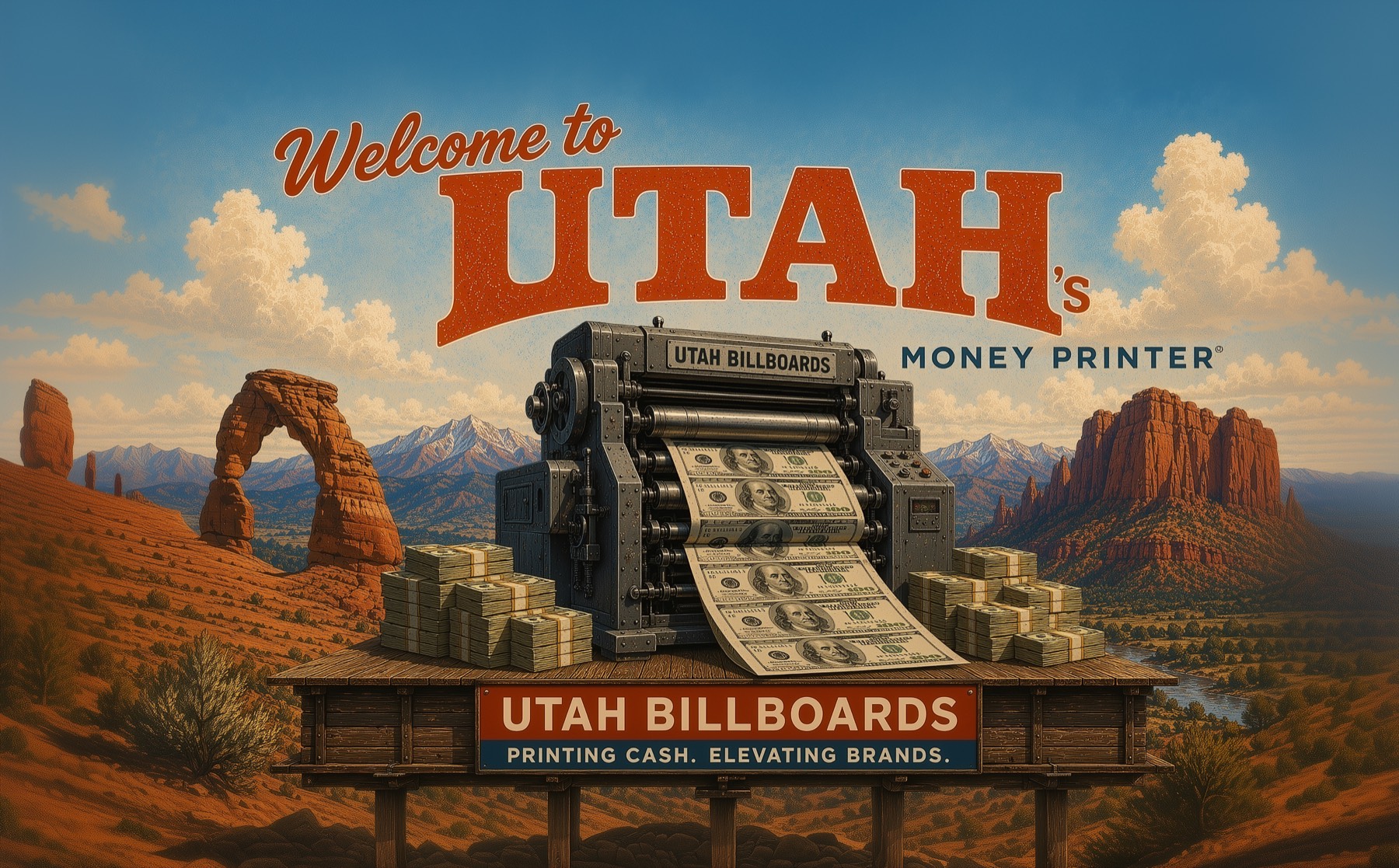 A surreal money-printer rendering: a roadside billboard structure issuing a stream of cash above an interstate corridor.
