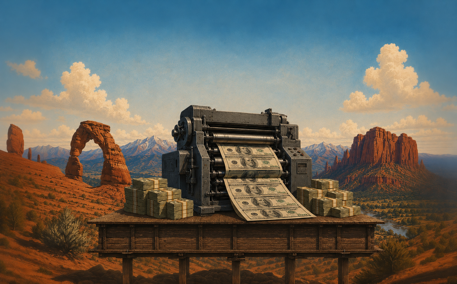 A surreal painting of a printing press extruding dollar bills, mounted on a wooden billboard structure in the Utah red-rock desert, Delicate Arch behind it.