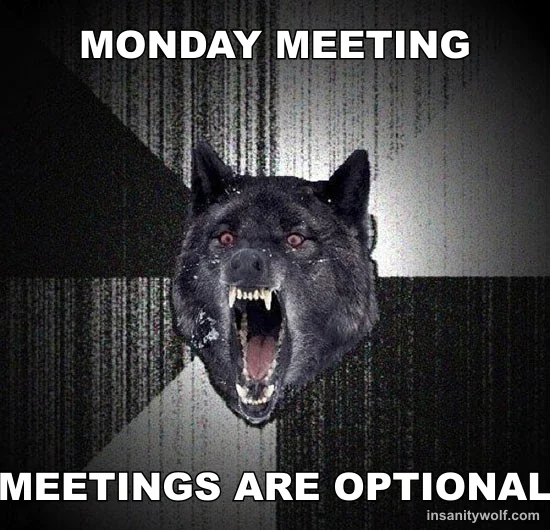 Insanity Wolf: MONDAY MEETING - MEETINGS ARE OPTIONAL