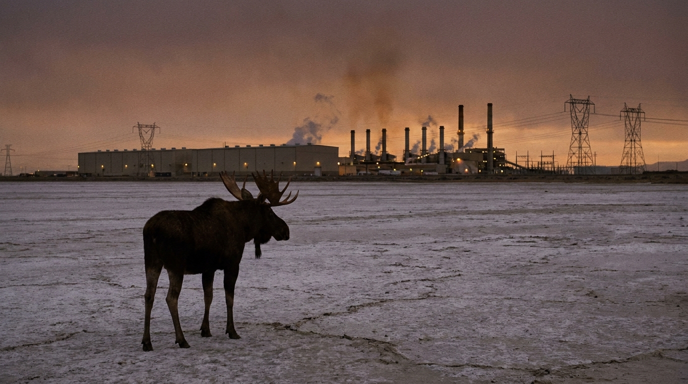 A lone bull moose on the cracked white salt flats of the Great Salt Lake basin at dusk, facing a vast glowing industrial gas-turbine and server-hall campus stretching to the horizon under a smog-orange sky.