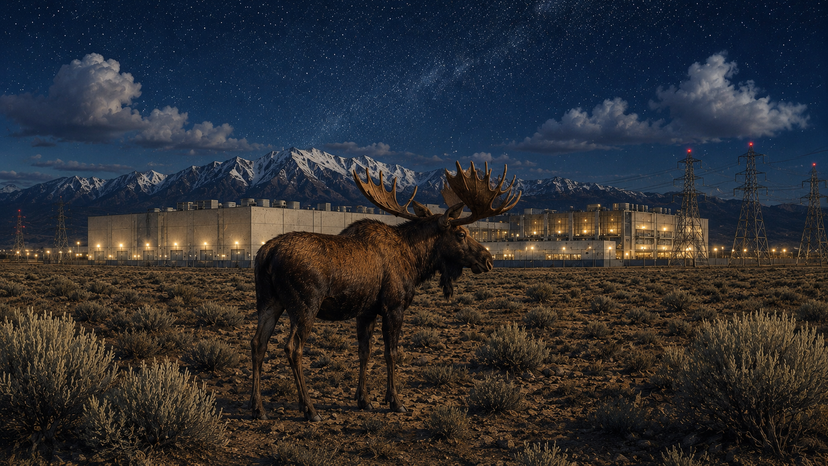 A bull moose in sagebrush at night before a vast glowing data-center campus, snow-capped mountains and transmission towers under a starry sky.