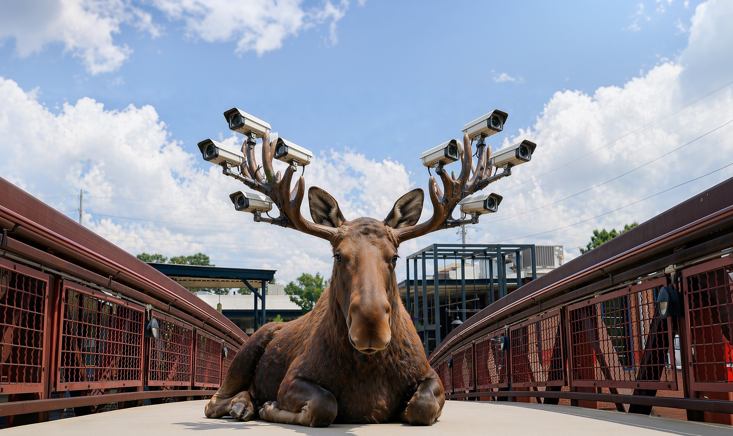 A moose with surveillance cameras growing from its antlers, on a Park City style red bridge.