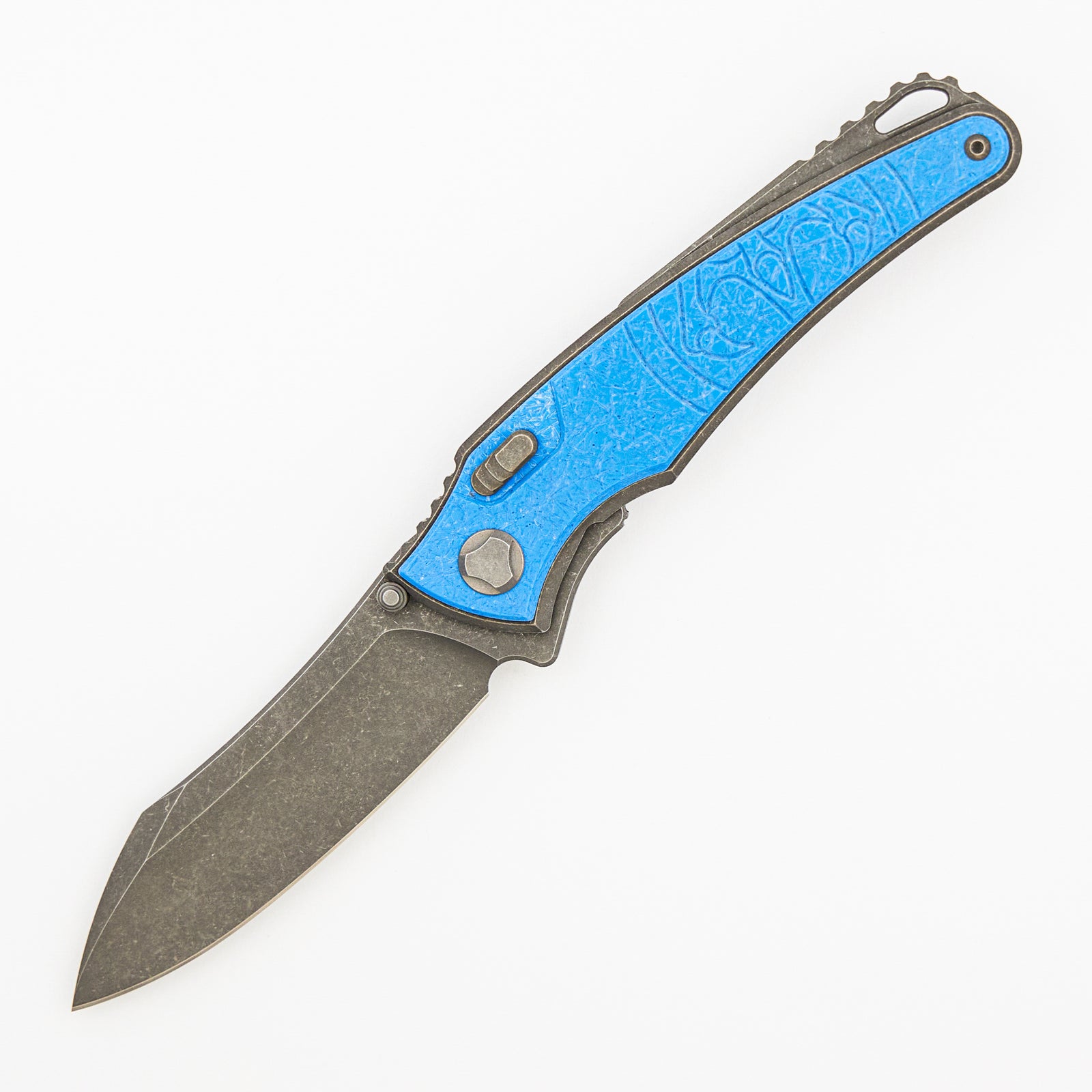 Talon · Tumbled Titanium/Ocean Blue Glass Handle · M390 Blade