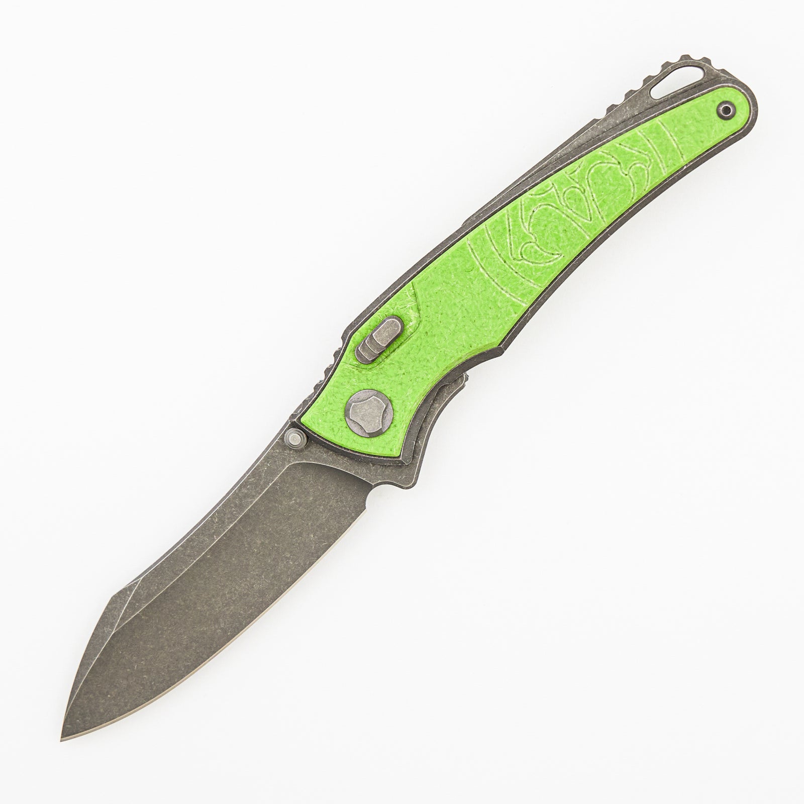 Talon · Tumbled Titanium/Spring Green Glass Handle · M390 Blade