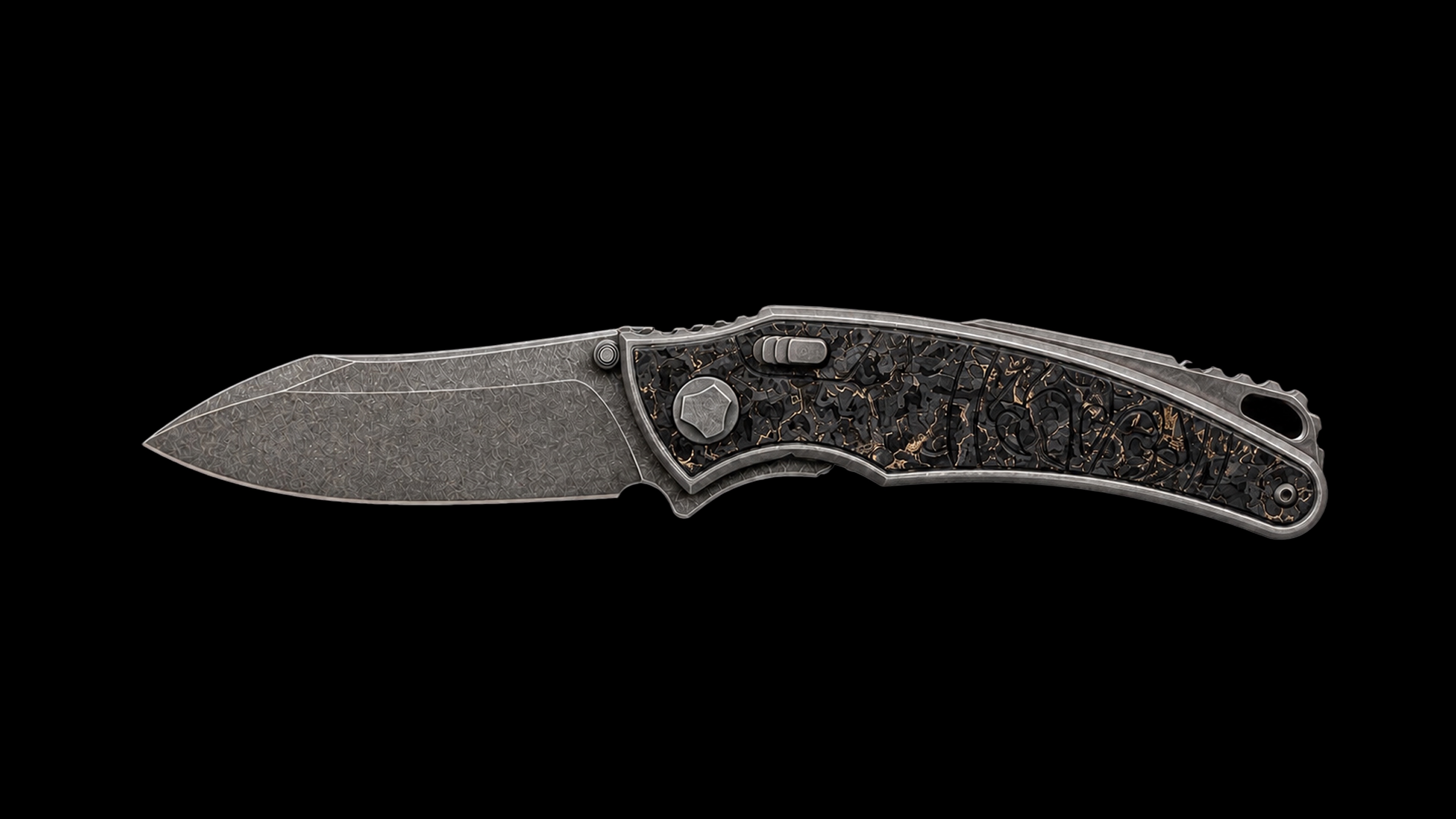 Hawk Talon standing upright on a walnut bench, forged carbon and copper handle.