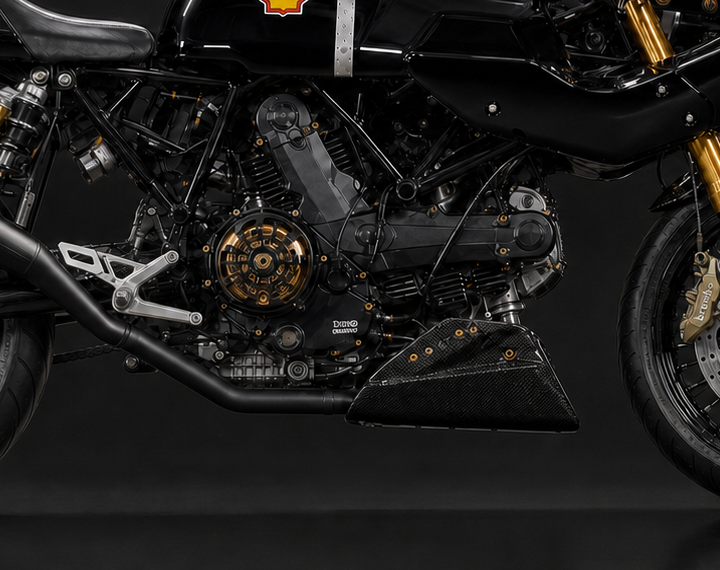 Desmodue engine, EVR dry slipper clutch, original trellis frame and carbon belly pan