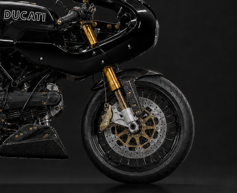 Gloss carbon front fender installed with the black-spoke Alpina Carbon Matrix front wheel, Ducati 999S Öhlins fork and gold Brembo Goldline brake system