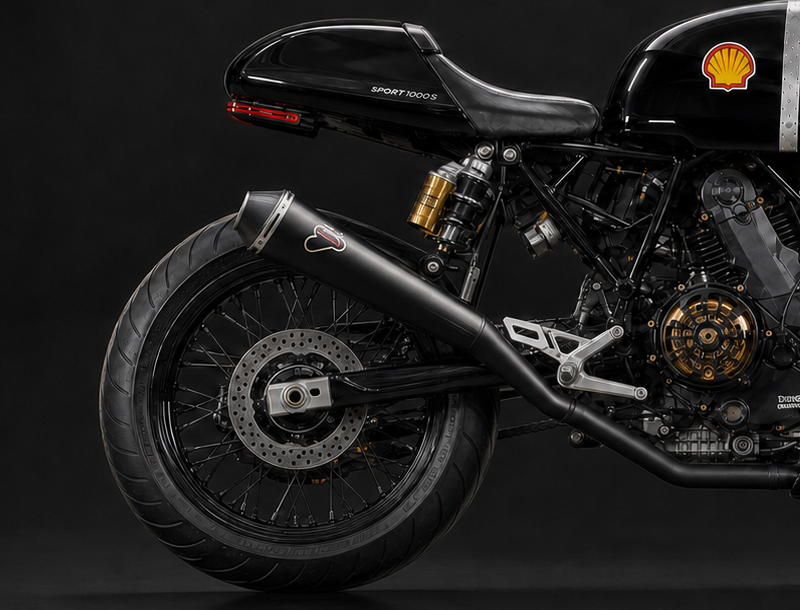 Long black Termignoni 009BP Biposto slip-on installed with the original swingarm, thin stock tail light and black-spoke Alpina rear wheel
