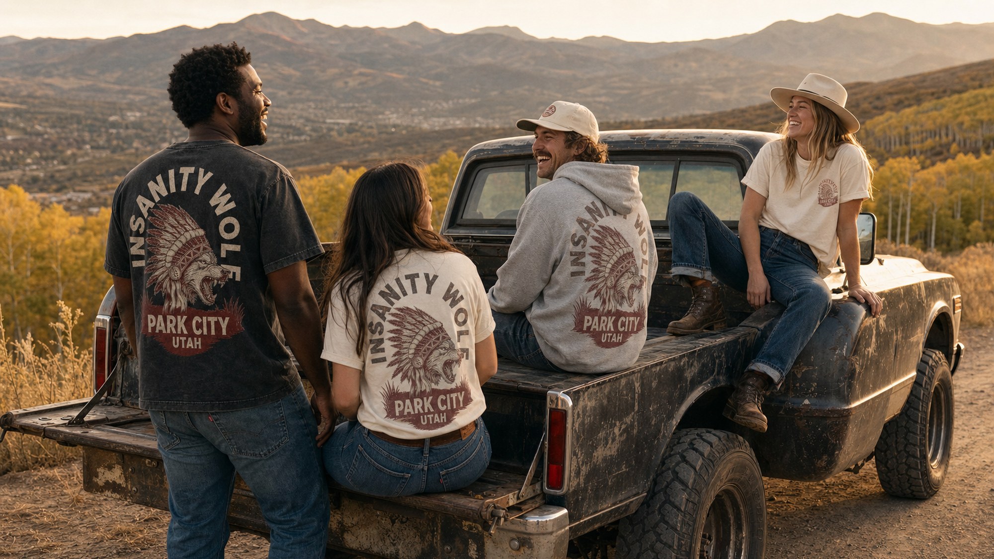 Four people on the tailgate of an old pickup above Park City at golden hour, wearing the line.